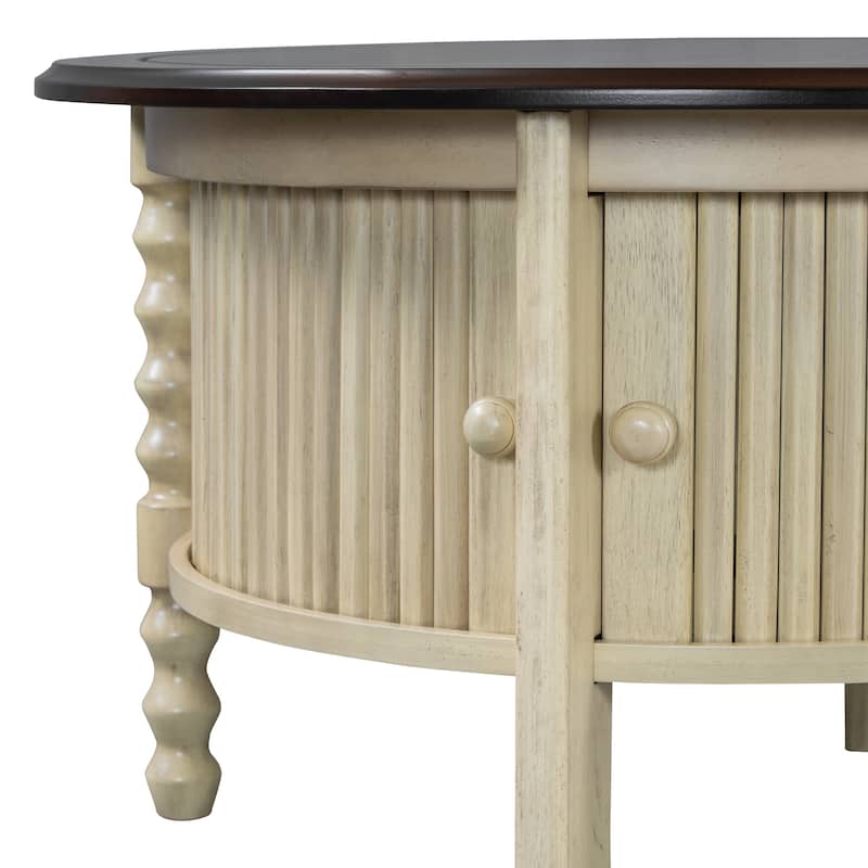 Round Slatted Coffee Table Accent Table with Storage Shelf, Modern Cocktail Table End Table with Sliding Door