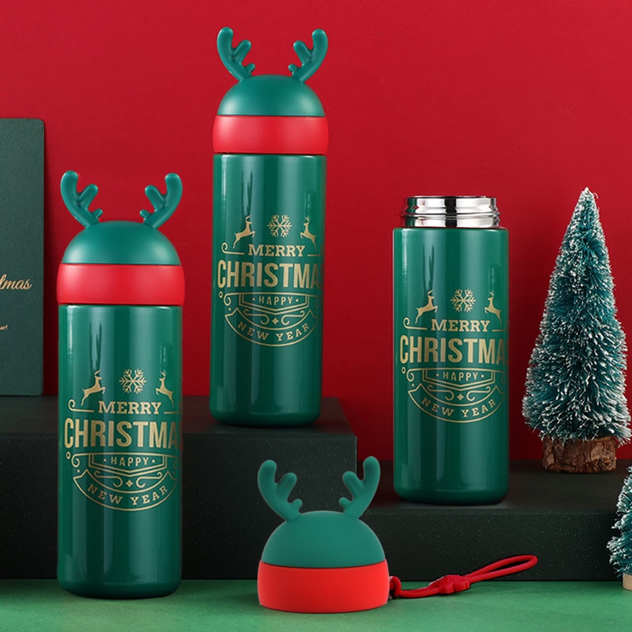 Reindeer Coffee Tumbler Insulated Metal Christmas Thermos Cup Hot Cold Screw Lid - Green