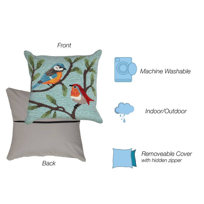 Liora Manne Frontporch Birds On Branches Indoor/Outdoor Pillow Aqua 18" Square