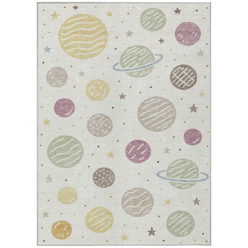 Machine Washable Indoor/ Outdoor Modern Planets Chantille Rug