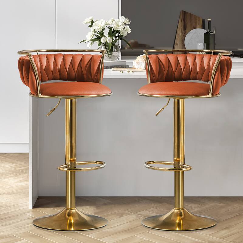 Set of 2 Velvet Adjustable Swivel Bar Stools - Gold/Orange