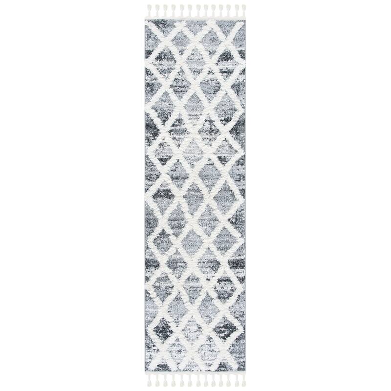 SAFAVIEH Moroccan Tassel Shag Facunda 2-inch Thick Rug - 2'3" x 6' Runner - Grey/Ivory