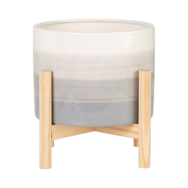 Sagebrook Home Neutral Grey Ombre 8" Ceramic Planter with Wood Stand - 8" x 8" x 9"