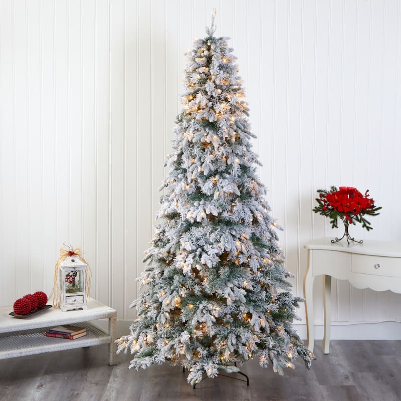 8' Flocked Vermont Pine Artificial Christmas Tree, Warm Clear LED - 8 Foot