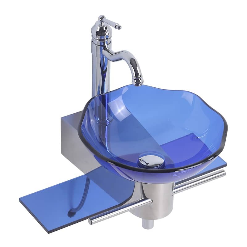 23.25" Blue Tempered Glass Wall Mount Bathroom Sink with Chrome Faucet, Pop Up Drain and Towel Bar
