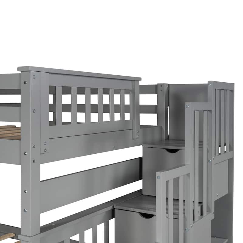 Gray Full Over Full Bunk Bed with Storage Shelves, 6 Drawers, and Safe Staircase Access