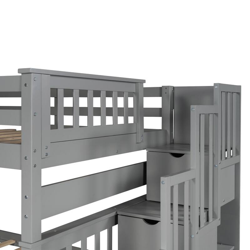Heavy Duty Wood Bunk Bed Full Over Full Superior Quality Bunk Bed 2 Drawers and Storage Stairs and Side Shelves - Grey