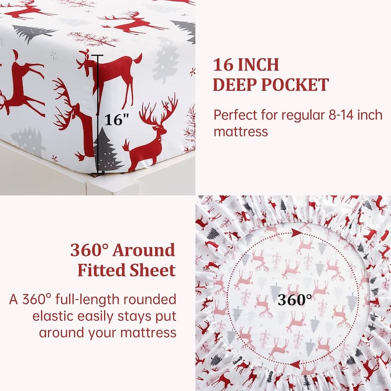 Christmas Winter Holiday Bed Sheets Set with 16 Inches Deep Pocket