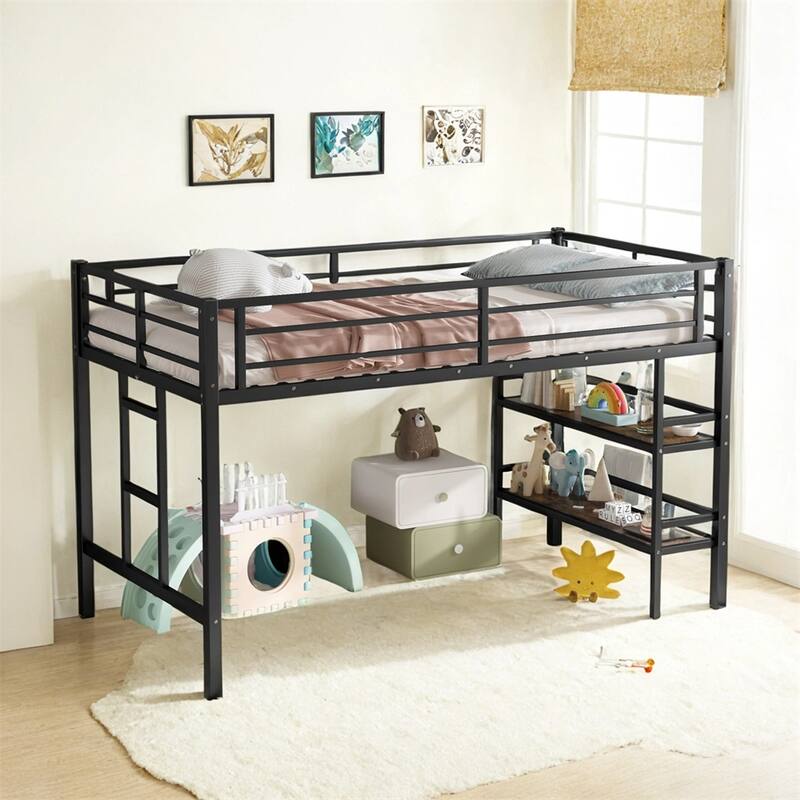Twin Size Metal Loft Bed with Storage Shelf,Loft Bed w/Climbing Ladder