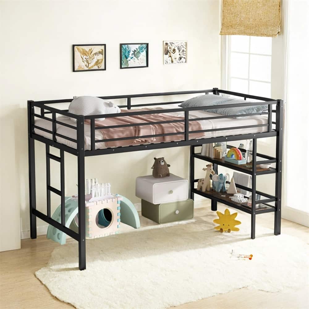 Twin Size Metal Loft Bed with Storage Shelf,Loft Bed w/Climbing Ladder