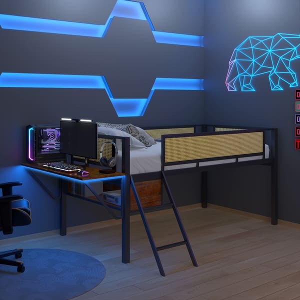 slide 2 of 18, Black+Brown Twin Size Metal Loft Bed with Rectangular Desk, LED lights, Storage Shelves and Hanging Storage Compartments Twin - Black+Brown