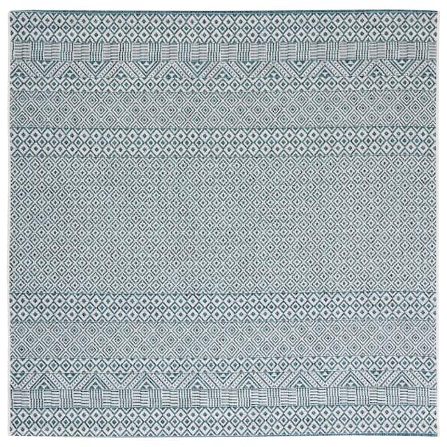 SAFAVIEH Courtyard Terezija Indoor/ Outdoor Waterproof Patio Backyard Rug - 6'7" Square - Ivory/Aqua