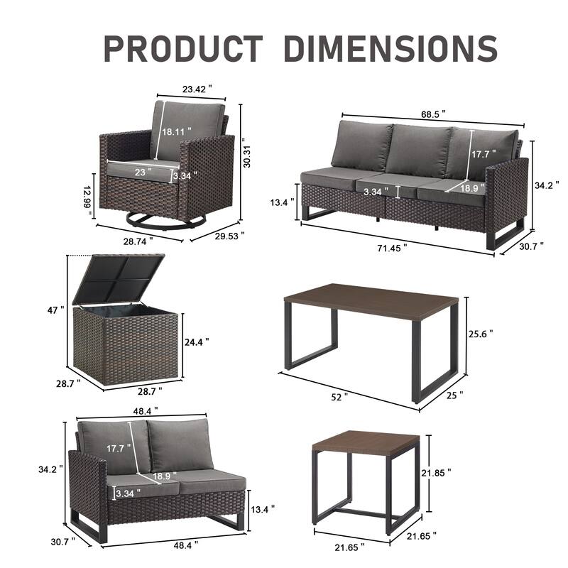 Gymojoy 9 Person Outdoor Courtyard Wicker Family Conversation Set Group With Swivel Chairs And Storage