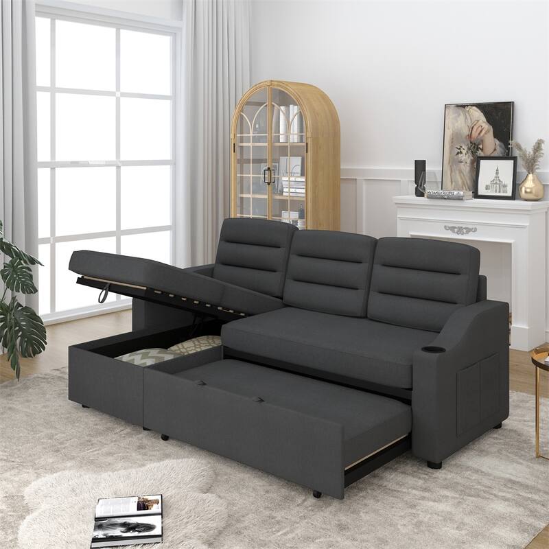 83.5" Polyester Convertible Combo Sofa w/ Storage Recliner and Holder