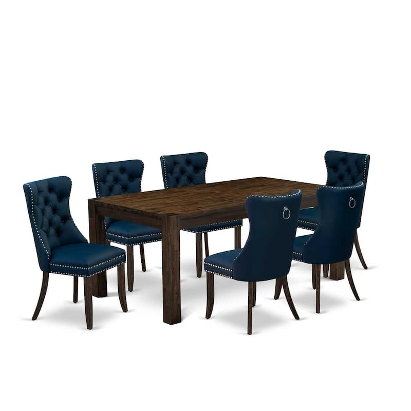 7-Piece Dining Set - Distressed Jacobean Table & Navy Chairs - Mid-Century Modern Design