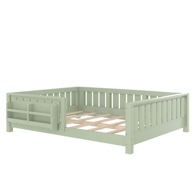 Low Profile Montessori Bed Floor Platform Bed with Fence and Bookshelf