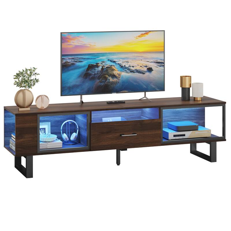 70" Led TV Stand for 75/80 inch TV, Glossy Media Console with Half-Glass Drawer
