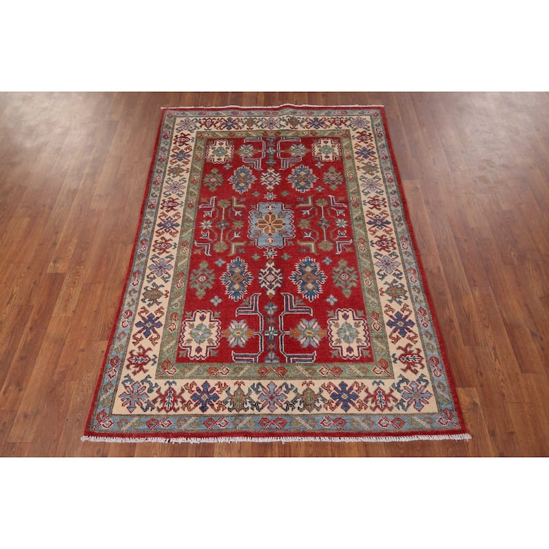 Red Kazak Oriental Accent Rug Hand-Knotted Geometric Wool Carpet - 4'0" x 5'9"