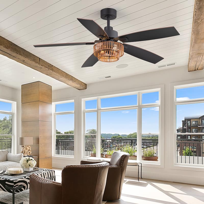 52" Farmhouse Reversible 5-Blade Ceiling Fan with Light and Remote