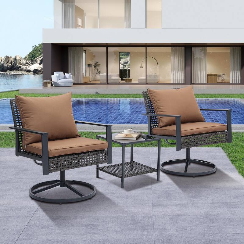 Ainfox 3 Pieces Patio Outdoor Furniture Set with Coffee Table, PE Wicker Swivel Rocking Chairs