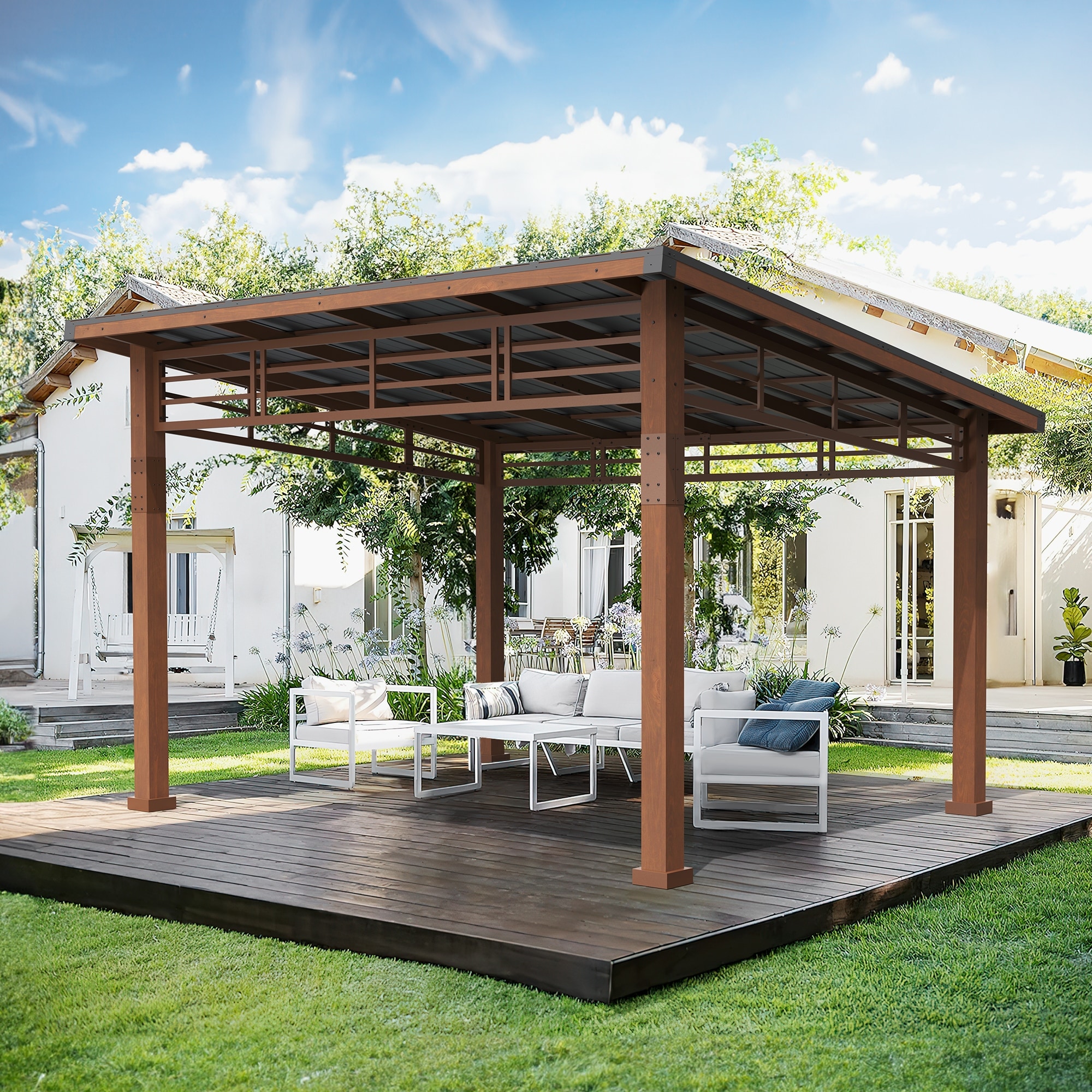 LUE BONA Wooden Gazebo Patio Hardtop Rectangle Brown Pergola Aluminium Steel Roof Gazebo with Side Curtain
