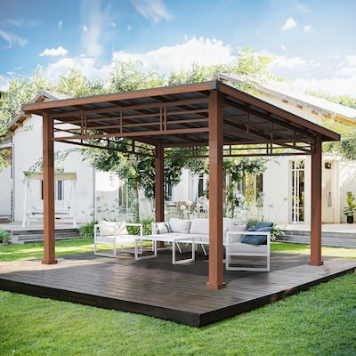 Outdoor Wood 12x14 Hardtop Pergola Metal Roof Gazebo with Curtains For Backyard