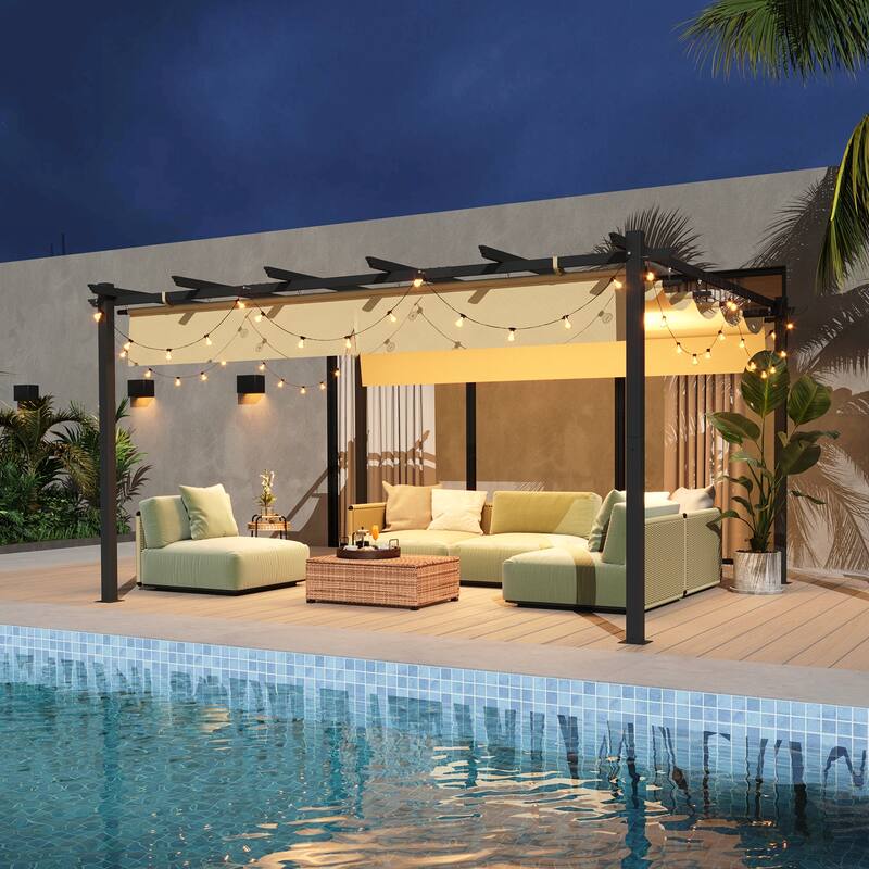 Outdoor Pergola, Retractable Adjustable Roof, Aluminum Sun Shade Canopy - 14'x12' - Brown