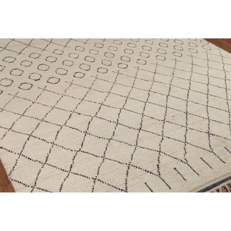 Ivory Trellis Moroccan Rug Hand-Knotted Striped Wool Carpet - 8'1"x 10'4"