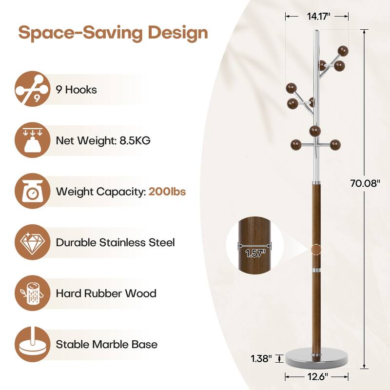 Coat Rack Freestanding, Metal Coat Tree with 8 or 9 Hooks and Heavy Duty Marble Base - 71.26”H x 14.96”W
