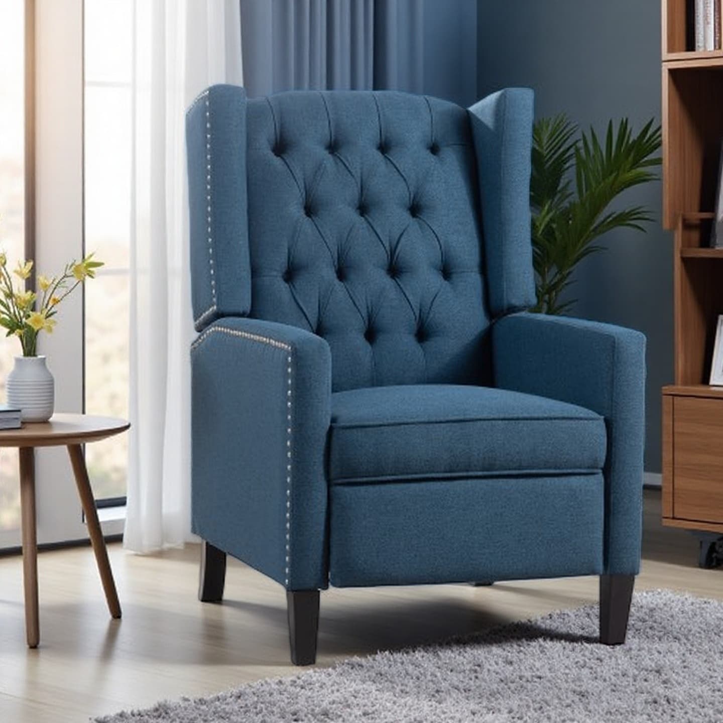 Manual Recliner Chair, Fabric Upholstered Accent Armchair with Button-Tufted High Back, Nailhead Trim, Solid Wood Legs