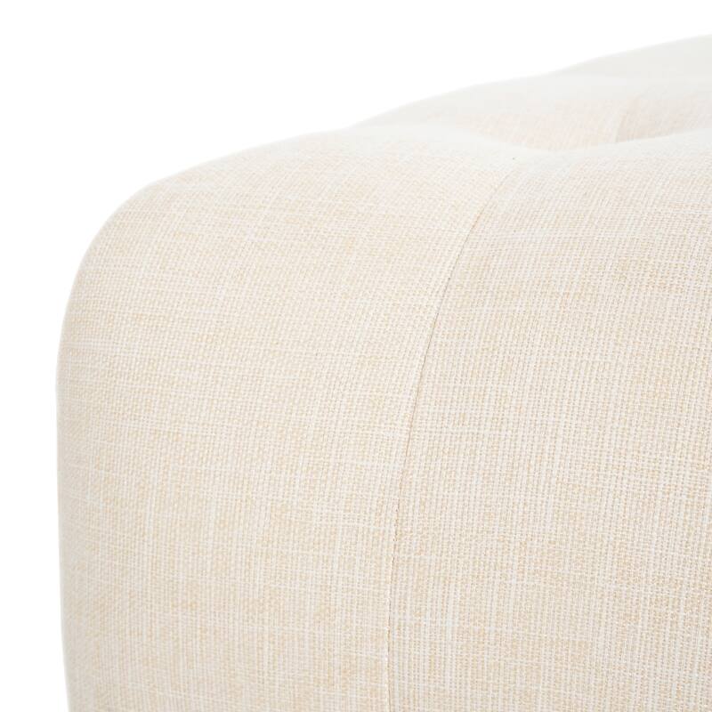 Square Upholstered Tufted Linen Fabric Ottoman, Solid Wood Legs, Beige