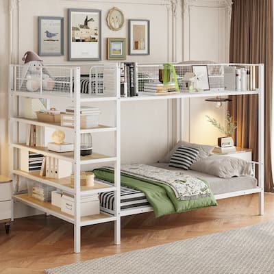 Twin Over Full Metal Bunk Bed with 5-Tier Shelves & Storage - 350LB Capacity