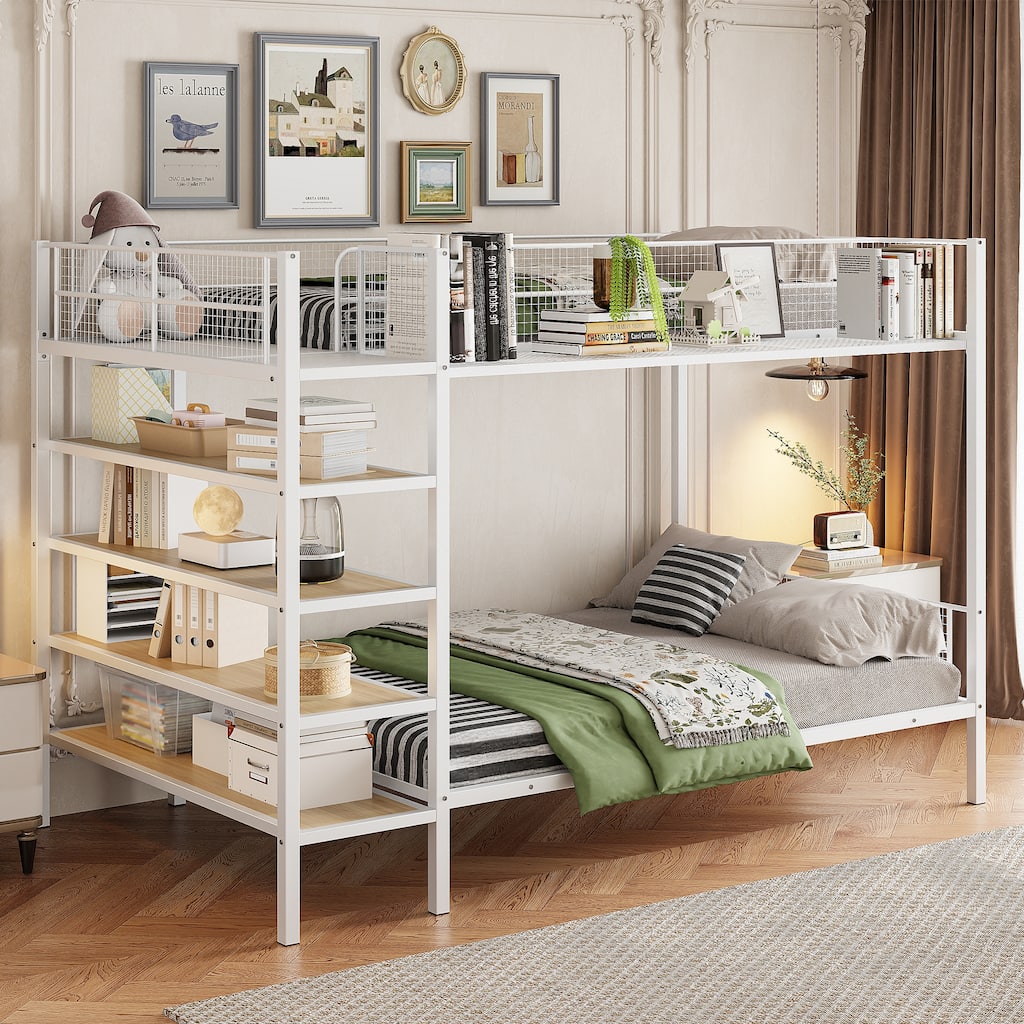 Twin over Full Metal Bunk Bed with 5-Tier Shelves, White