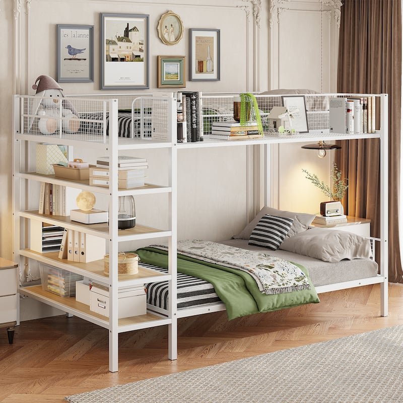 White Twin Over Full Metal Bunk Bed with 5-Tier Shelves - White