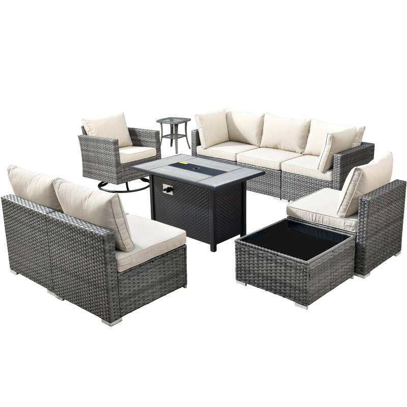 HOOOWOOO 10-piece Wicker Patio Furniture Sectional Sofa Set Swivel Rocker with Fire Pit Table
