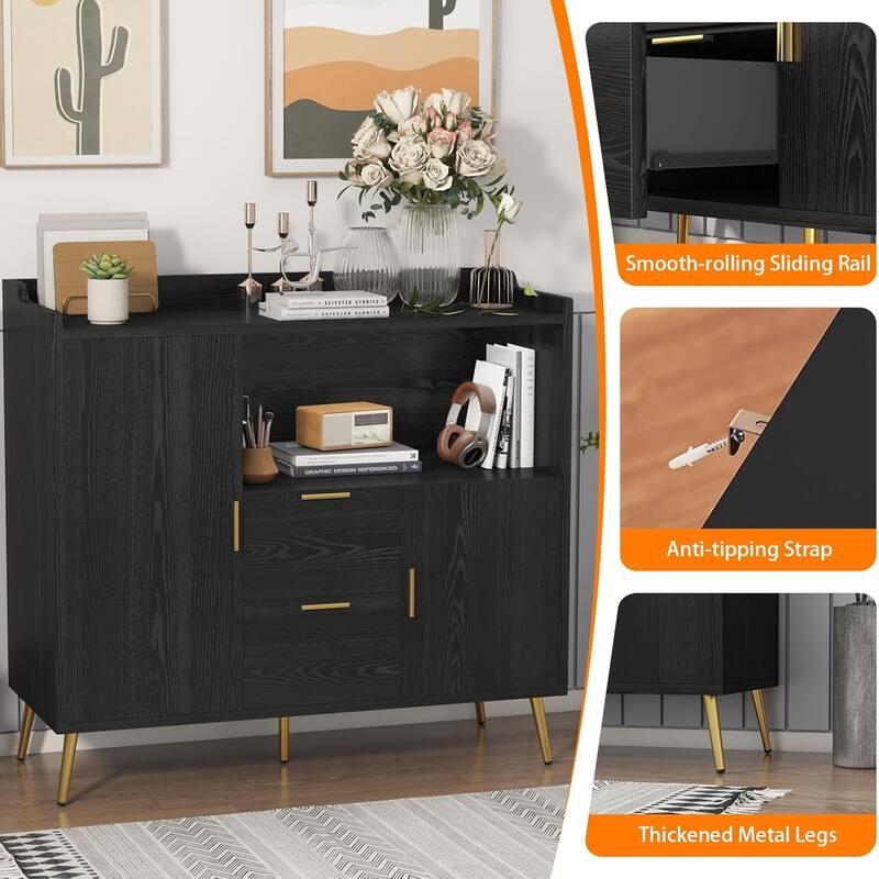 40 Inch Kitchen Microwave Cabinet with Storage and Drawers, Floor Standing Sideboard, Black
