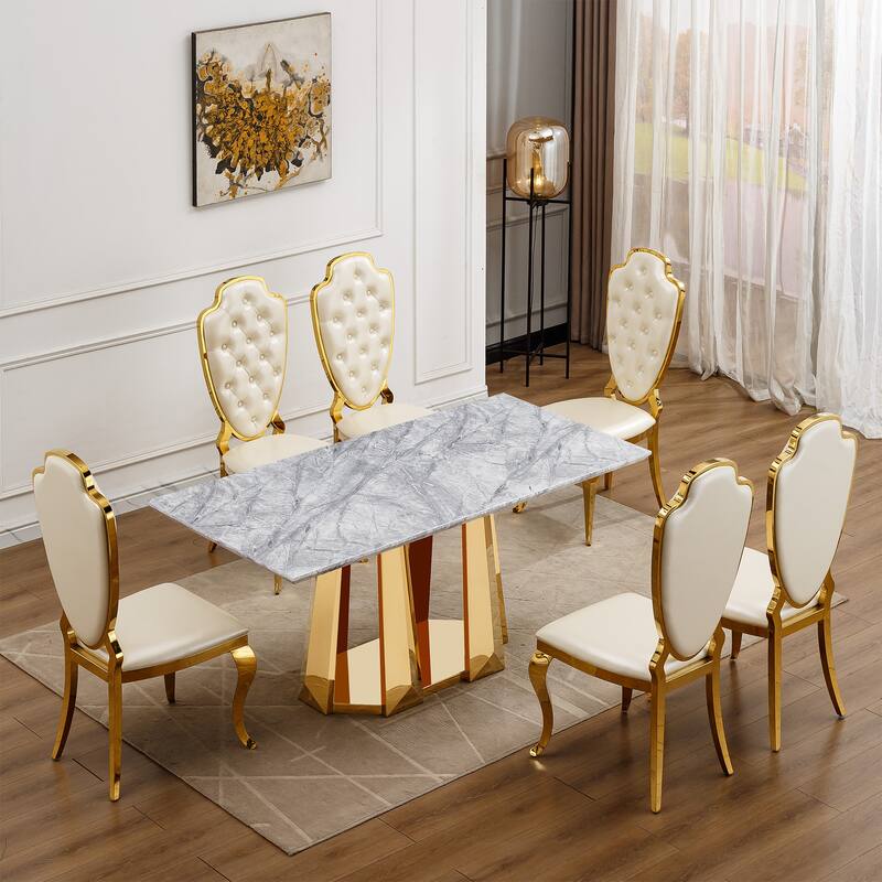 GDFStudio - Rose Series 70'' Rectangle Faux Marble Dining Table 6 People with Modern Large Size