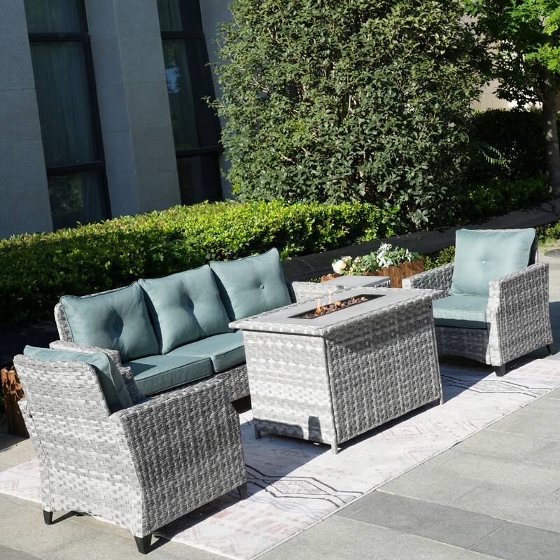 5-Piece Patio Wicker Sofa Set with Firepit Table and Rain cover