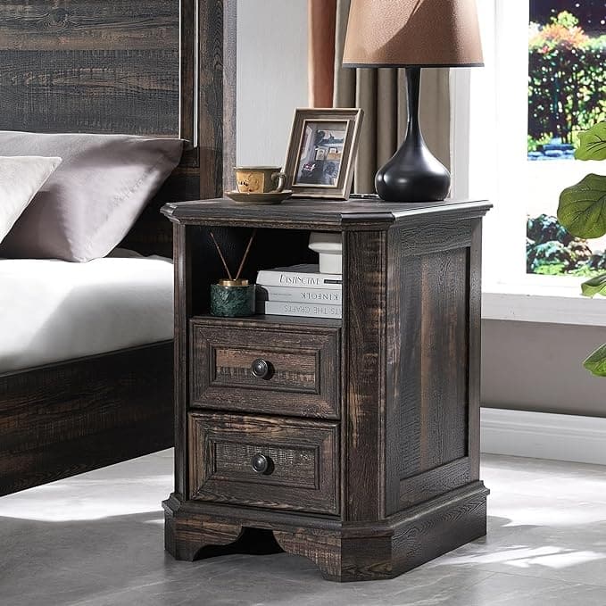 18" Farmhouse Nightstand with Charging Station, End Table,Side Table