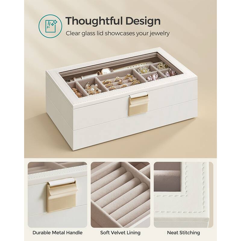 Multi-Layer Jewelry Storage Box with Stackable Trays and Soft Velvet Interior Protection and Glass Lid