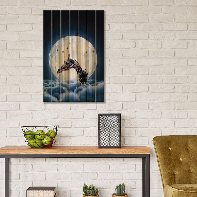 Giraffe And Cute Baby Panda In Front Of Full Moon Print On Wood by GEN Z - Multi-Color