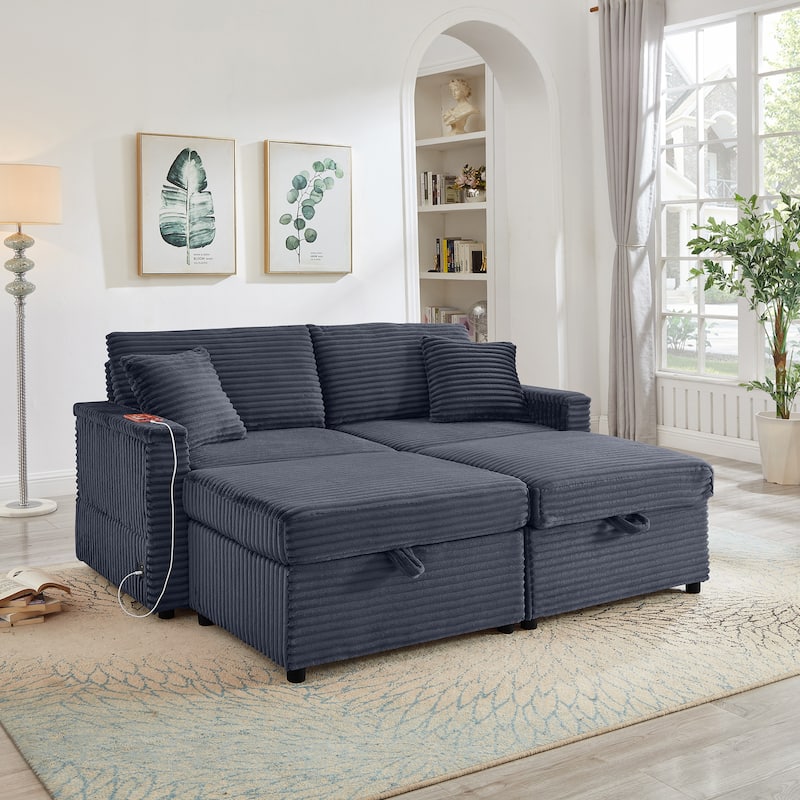 Modular Chaise Sleeper Sofa Bed, Corduroy Loveseat Couch & Storage Ottomans Set with Folding Table Boards and USB Ports