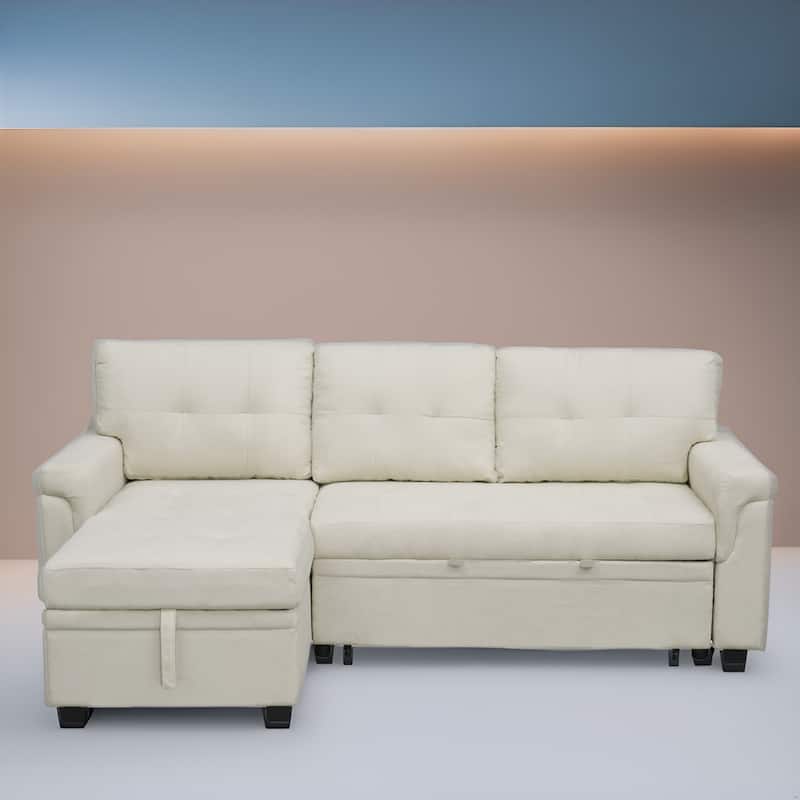 Modern Reversible Convertible Sleeper Sectional Sofa Bed - L-Shape with Storage Chaise, Wide Armrest and Durable Legs - Cream, Velvet