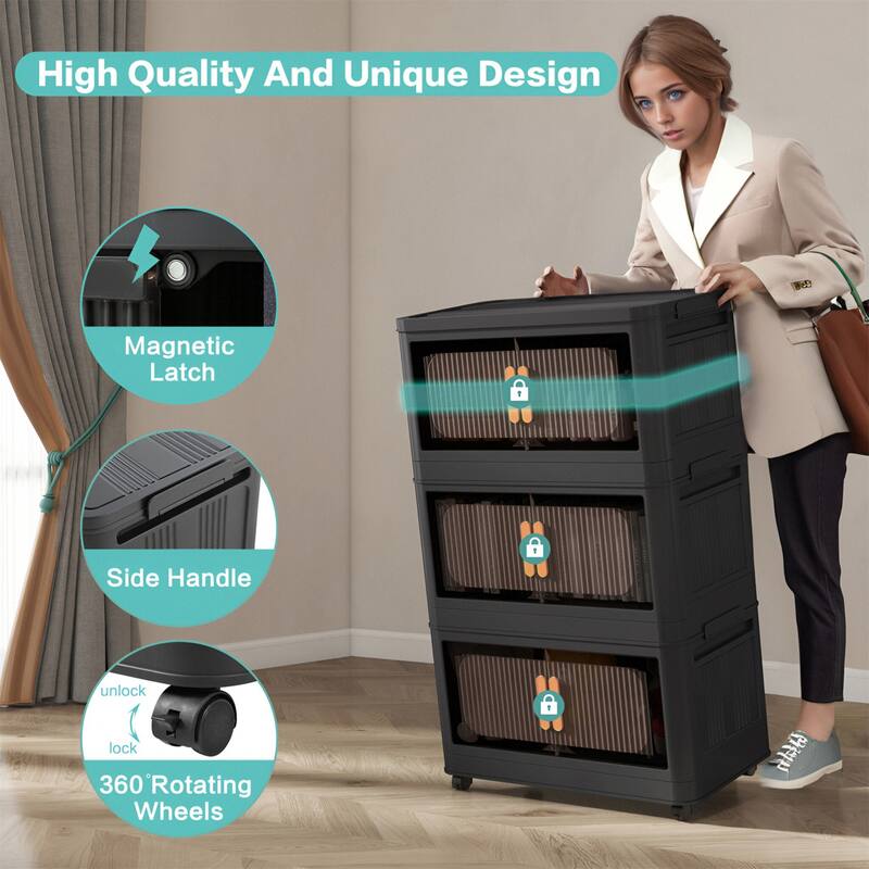 5 Tiers Black 24" Side Wide Folding Storage Cabinet