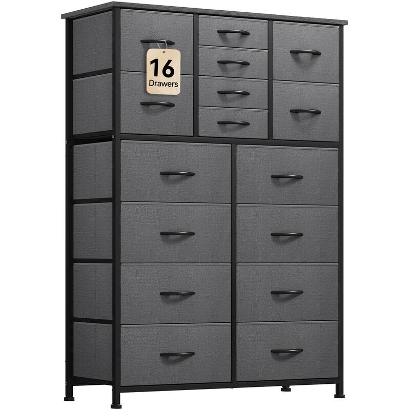 Moasis 16-drawer Dresser with Metal Frame, Wood Tabletop - Black