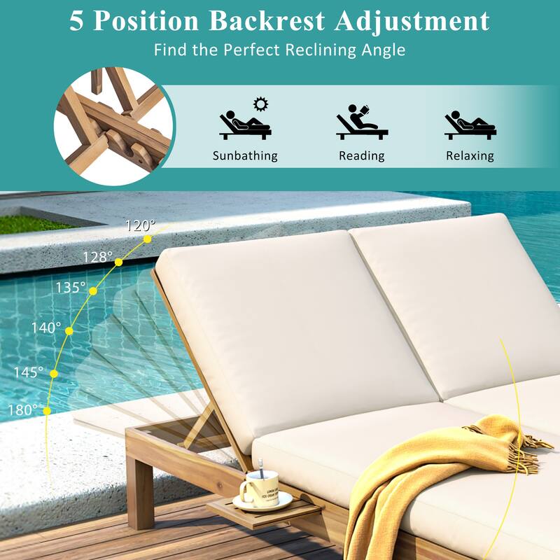 Outdoor Patio Acacia Wood Double Daybed Sunbed with Adjustable Backrest and Folding Side Trays