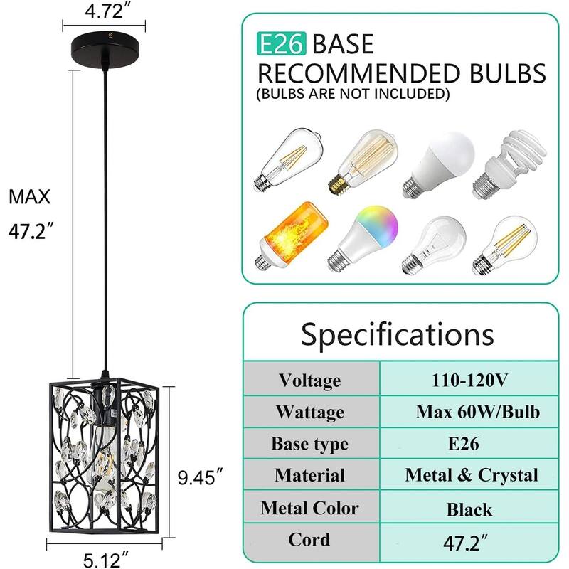 Vintage mini crystal pendant light industrial cage rectangular pendant lighting fixture matte black hanging lamp