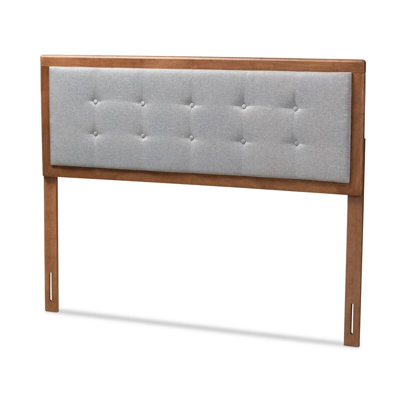 Mid-Century Modern Light Grey Fabric Upholstered Walnut Brown Wood King Size Headboard with Clean Lines