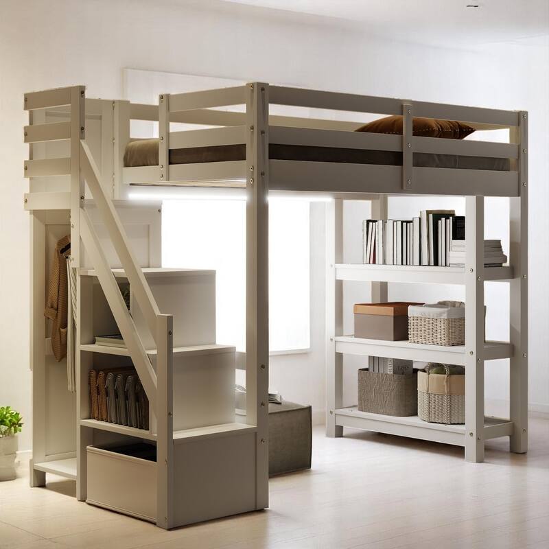 Twin/Full Size White Loft Bed with Storage Shelves, Staircase, Wardrobe & LED Light - Pine Wood Frame