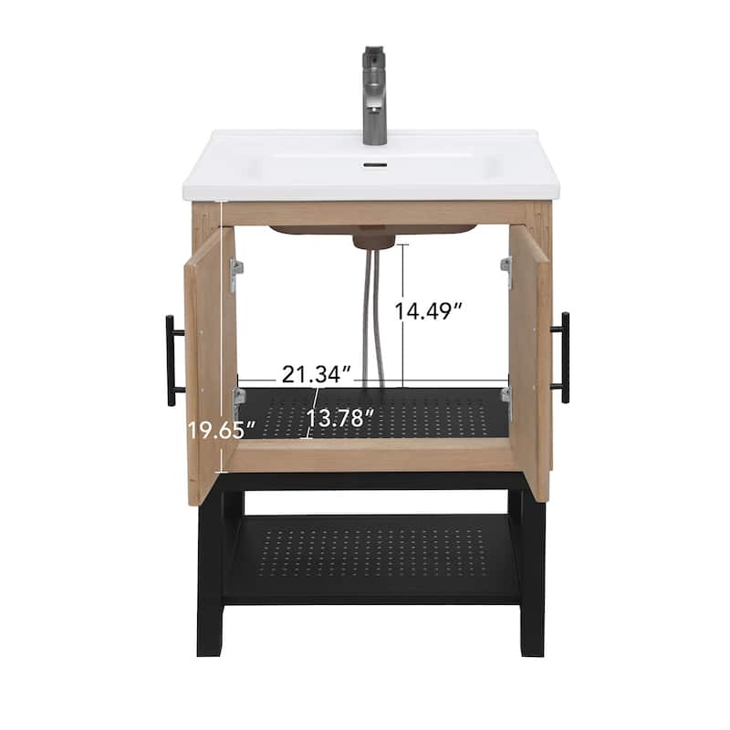 24" Bathroom Vanity with White Ceramic Sink & Hot and Cold Faucet , Freestanding Bathroom Cabinet with 2 Storage Doors
